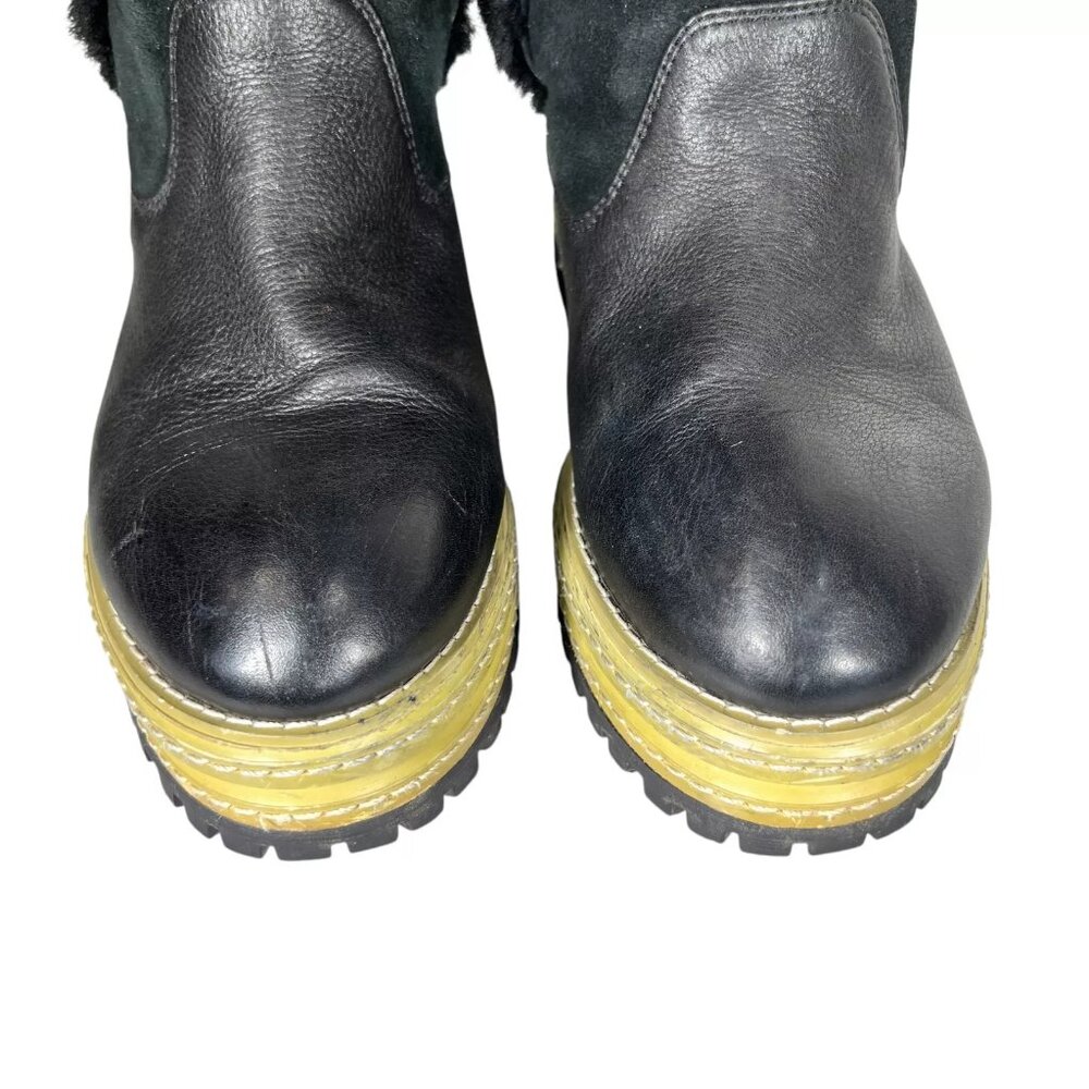P1 Womens Black Leather Shearling Lining Lug Sole Mid Calf Boots Sz EU38 RARE - Picture 12 of 16